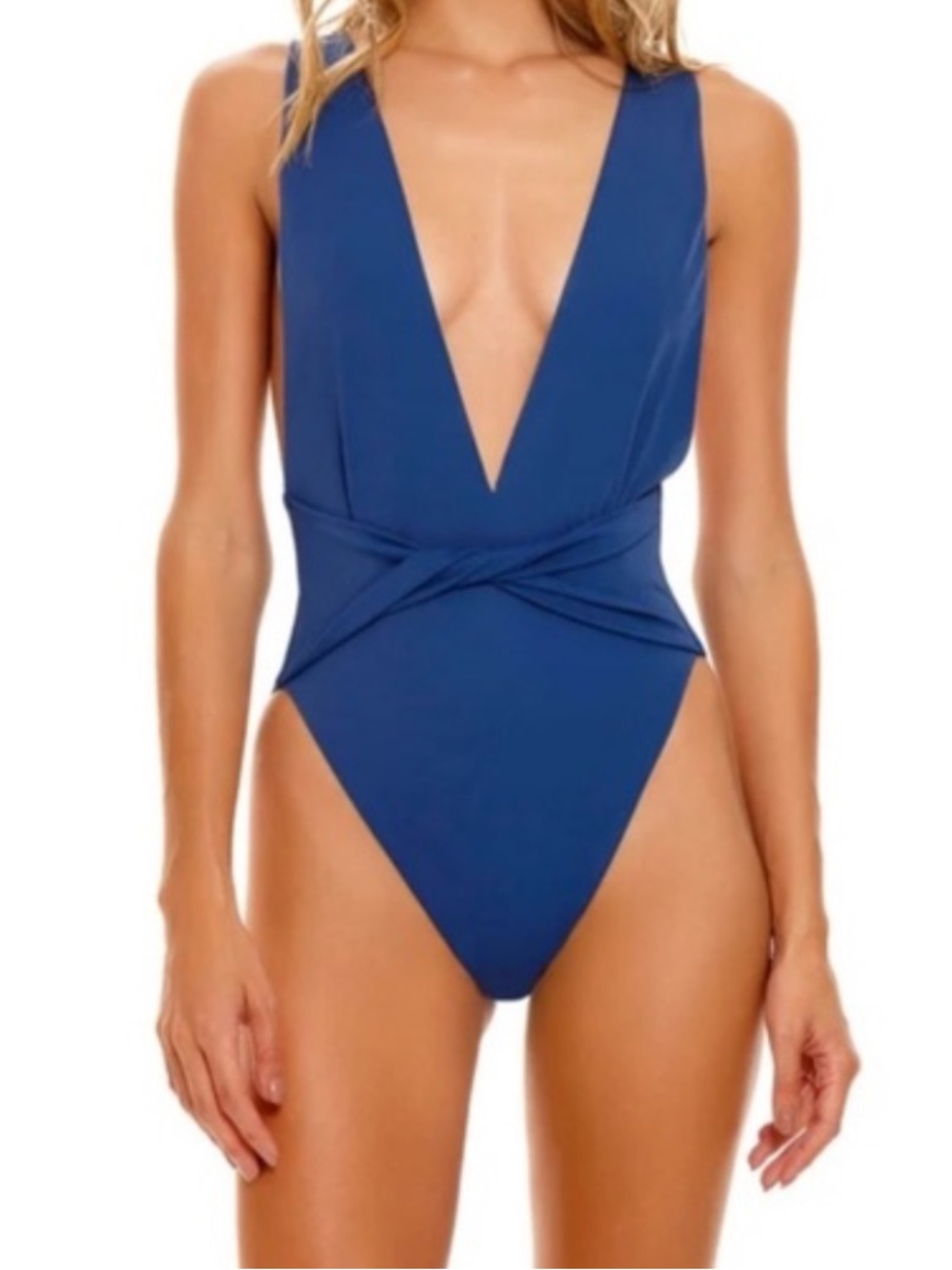 AGUA BENDITA Sz L Swimsuit Ellis Shaka One Piece Blue Black Friday Plunge Front
